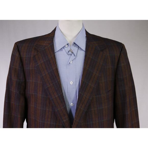 Tom James Vintage 80s Burgundy Brown Plaid Raw Silk 2-Btn Blazer Jacket 46R - Picture 3 of 9